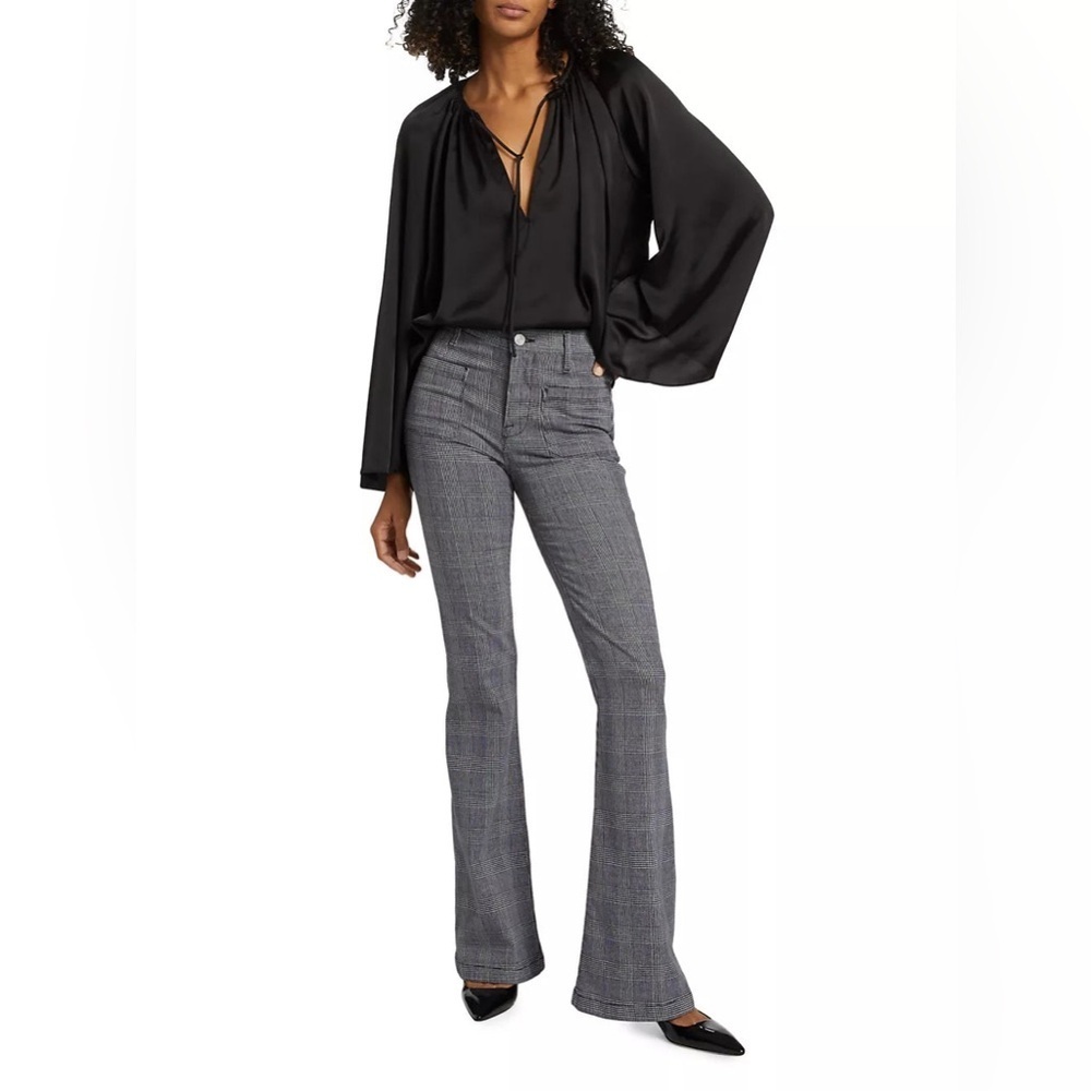 Frame black white Plaid Le Bardot Flare Pants 27 front pockets cotton blend